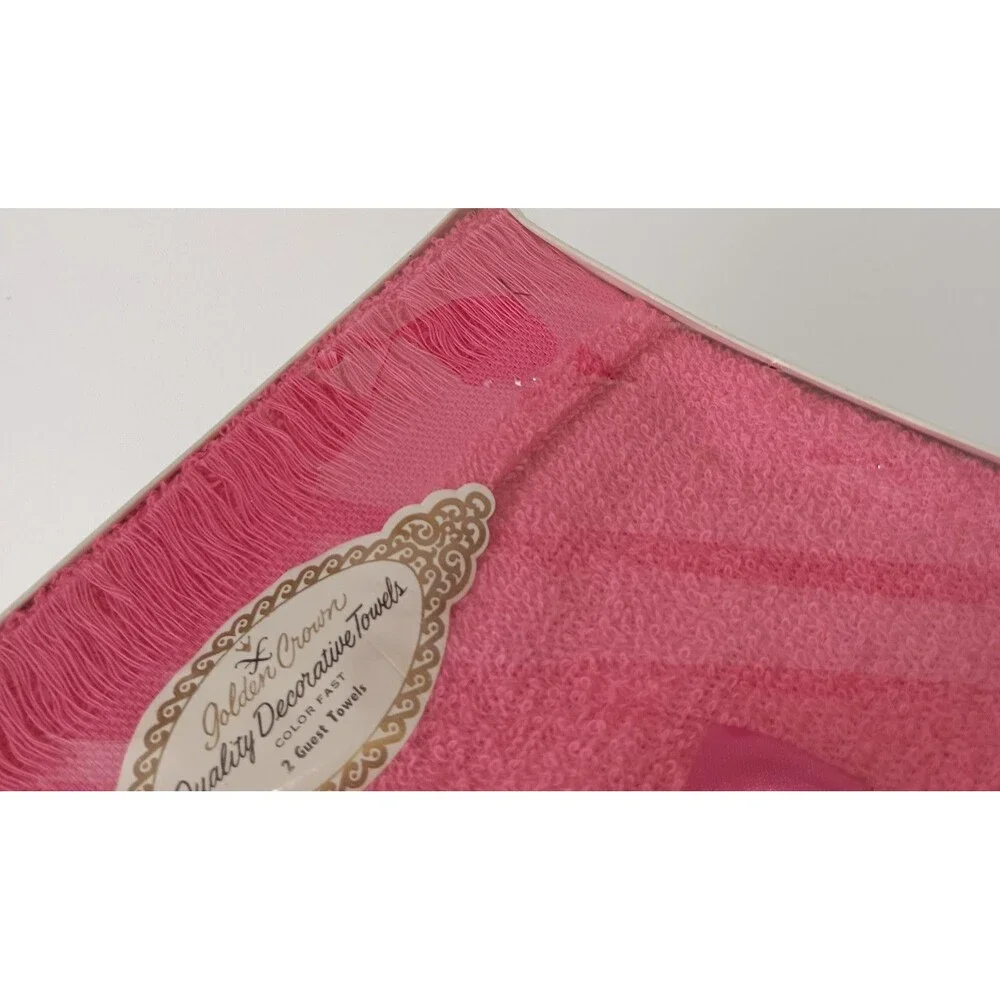 Vintage Box of Two Golden Crown Decorative Guest Towels Pinks White Green NIB